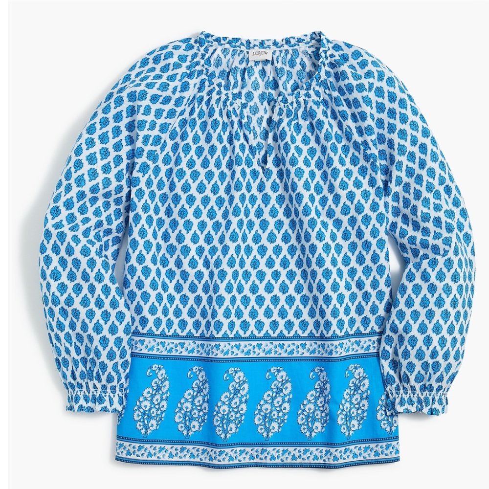 J. Crew Blue and White Paisley Print Long-Sleeve Peasant Blouse